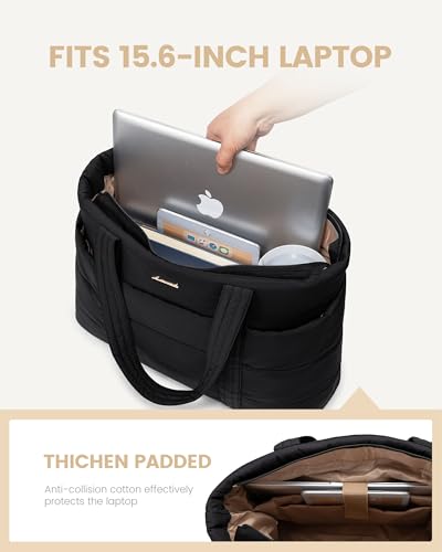 LOVEVOOK Tote Bag for Women, Large Puffer Work Tote Laptop Bag, Lightweight Travel Tote Bag with Zipper Gifts for Women - color: Black-b, size: 15.6 Inch