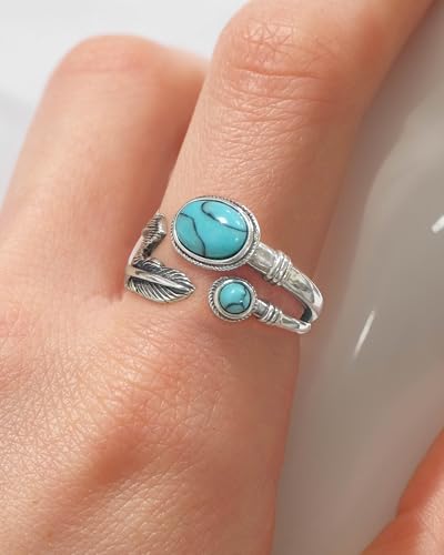 Turquoise Jewelry for Women - Sterling Silver Turquoise Rings Vintage Adjustable Sunflower Dragonfly Butterfly Spoon Ring Victorian Style Boho Antique Flower Thumb Statement Rings Jewelry Gifts for Women - color: Turquoise & Feather C