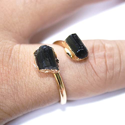 Irregular Black Tourmaline Rough Stone Open Ring Golden Handmade Finger Jewelry Adjustable Size Ring for Women Men Black Tourmaline, Resizable, As Pic Shows