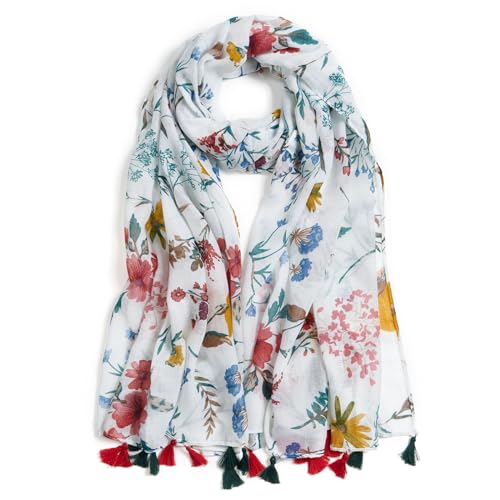 QIUTIMIY Scarf for Women Lightweight Soft Floral Leopard Printed Scarves Fall Winter Fashion Shawl Wrap with Fringe - color: Flower-red White