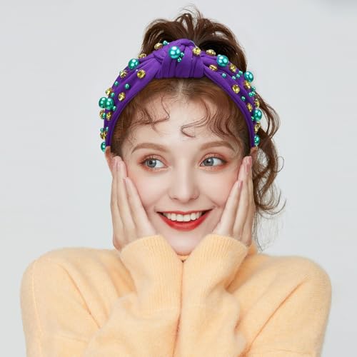 WantGor Pearl Knotted Headband, Women Rhinestone Embellished Hairband Elegant Wide Top Knot Bride Headbands Headpieces Party Fashion Elegant Ladies Hair Band Hair Hoop Accessories (Dark Purple) - color: Dark Purple