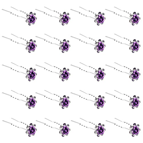 QIUTIMIY 20 Pack (Violet) Crystal Hair Pins Rose Flower Rhinestone Hair Clips for Bridal Wedding Women Hair Jewelry Accessories, with Clear Container - color: Rose Flower-Violet