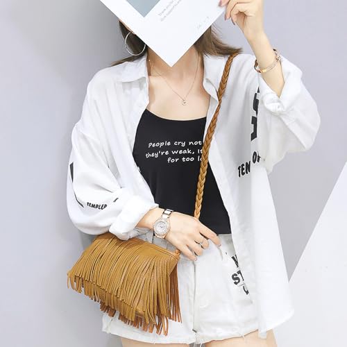 Stylish Fringe Crossbody Bag Bohemian Sling Bag Brown Lightweight Purse Hippie Small Shoulder bagTassel Leather - color: Brown