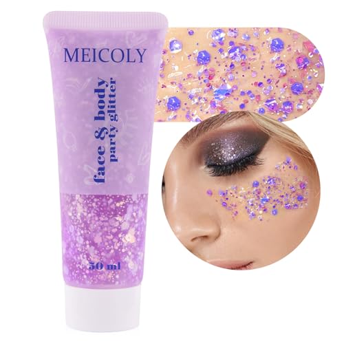 MEICOLY Chameleon Light Purple Hair Glitter,Holographic Chunky Face Body Glitter,Color Changing Mermaid Face Glitter,Self-adhesive Glitter Sequin for Face Body Hair,Festival Party Cheer Glitter Makeup - color: chameleon light purple body glitter