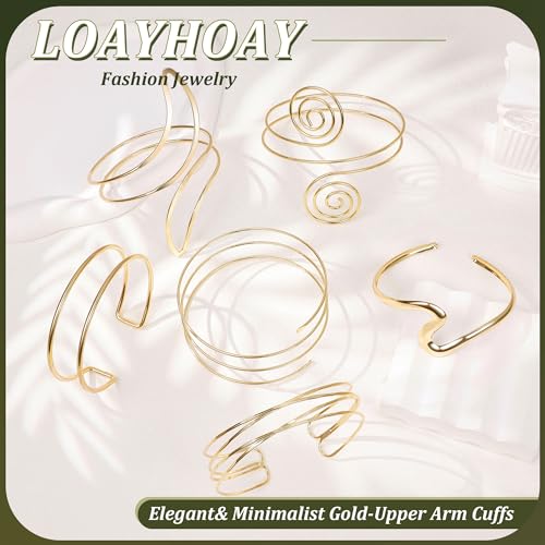 6PCS Gold Arm Cuff for Women Upper Arm Cuff Bracelets Adjustable Open Cuff Bangle Bracelet Minimalist Coil Swirl Upper Arm Bands Armband Set - style: Style A