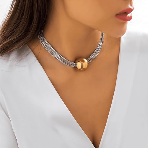 Chunky Chain Necklaces Women Statement Collar Necklace Gold Flat Snake Chain Choker Ribbed Design for Party, Dress Jewelry Gifts - color: B1:Gold Silver Necklace