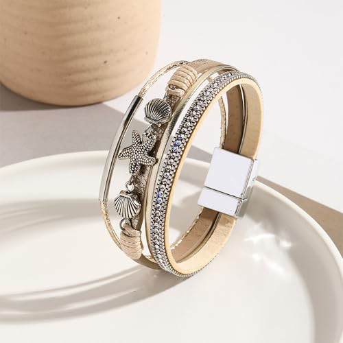 VIBILIA Boho Leather Wrap Bracelets for Women Multi-Layer Bracelets with Strong Clasp Jewelry for Women - color: 04-ShellStarfish-Khaki