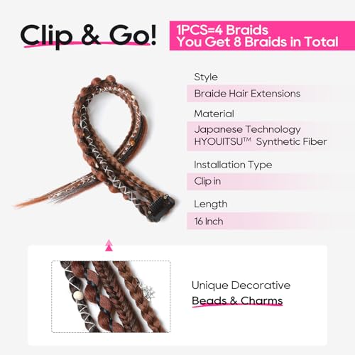REECHO Clip in Braids for Women, 16" Boho Dreadlock Clip in Braids with Beads & Charms, 2PCS Synthetic Braided Hairpieces for Music Festival Season Cosplay Daily, Dark Auburn Brown Mix - color: Dark Auburn Brown Mix, size: 16 Inch