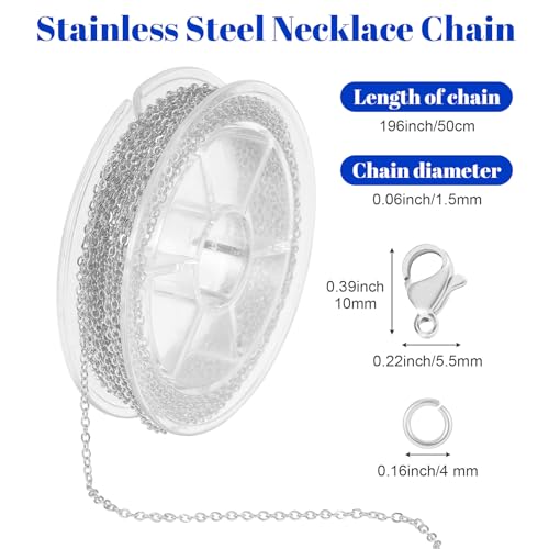 Wanmu 9.8Ft Stainless Steel Chain for Jewelry Making, Silver Necklace Link Cable Chains Roll with 10 Lobster Clasps and 30 Open Jump Rings, Charm Bracelet Supplies for Men Women DIY Craft - 1.5MM - color: Silver