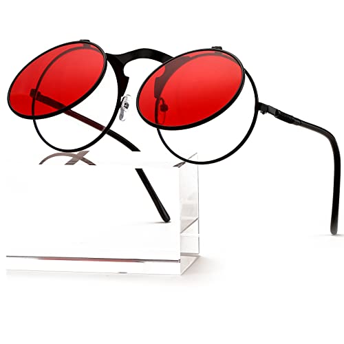 AIEYEZO Round Flip Up Sunglasses for Men and Women Rave Flip Glasses 90's Retro Steampunk Style - color: Black/Ocean Red