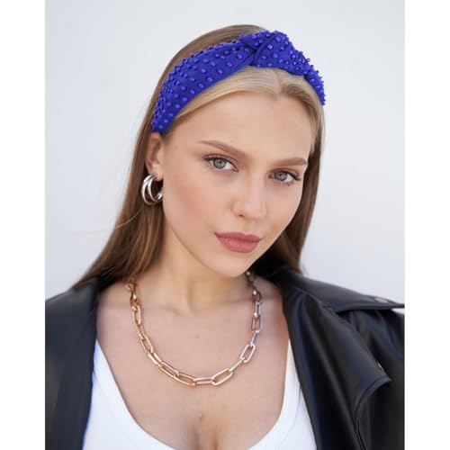 YISSION Royal Blue Knotted Headband for Women - Wide Beaded Hair Hoop, Stylish Hair Accessory for Daily Wear, Parties & Casual Outfits - color: Dark Blue