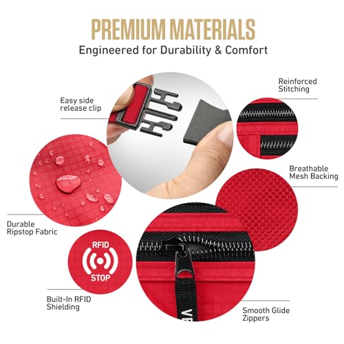 VENTURE 4TH Money Belt for Travel – Slim Hidden Under-Clothes RFID Blocking Anti-Theft Passport Holder & Travel Wallet Pouch for Men & Women to Protect Cash, Cards & Documents (Red) - color: Red