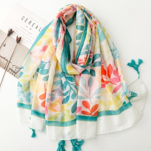 WaJuemy Travel Boho Scarf for Women Casual Lightweight Pashmina Scarves Fashion Multicolor Shawl Wraps with Fringed Beads - color: 02a White Leaves