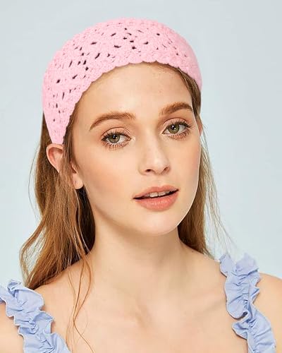 HAIMEIKANG Hippie Hair Bandanas Headbands for Women Boho Headband Knit Hair Bands Floral Head Wrap for Girls(Pink) - color: Pink