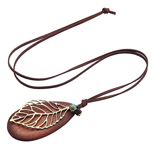 GelConnie Leather Cord Necklace Chain Multilayer Wooden Pendant Necklaces Vintage Jewelry Boho Long Sweater Necklace for Women Men - color: Leaf Leather Necklace