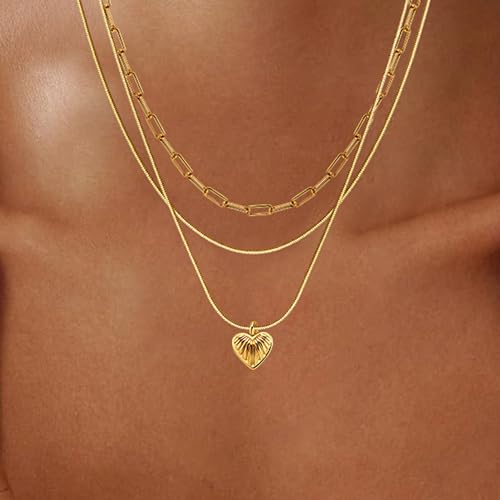 6PCS Layered Gold Necklaces for Women Trendy, 18K Gold Plated Cross Pendant Necklace Set, Vintage Chunky Gold Necklace Stack for Women Jewelry Gifts - style: 3PCS Layered Heart Necklace