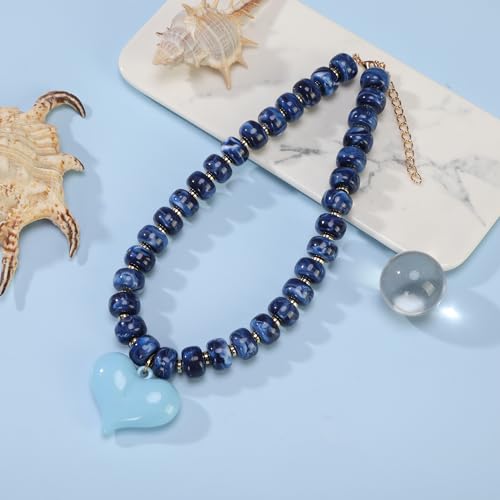Chunky Colorful Beaded Statement Boho Summer Beach Chokers Necklace Heart Pendant Pink Green Yellow Brown Fashion Jewelry - color: Gold Navy Blue puffy heart