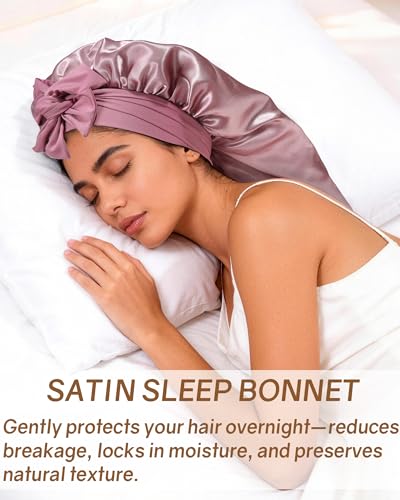 AWAYTR Long Satin Bonnet for Braids - Elastic Silk Hair Bonnets for Sleeping Night Cap Stretchy Tie Band for Women（Rose Gold） - color: Rose Gold