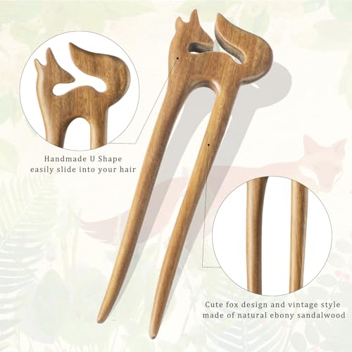 2pcs U Shaped Hair Pins Fox Hair Stick Vintage Hairpin Wooden Hair Fork French Hair Pins for Buns Fox Hairpin Hair Accessories for Women Girls