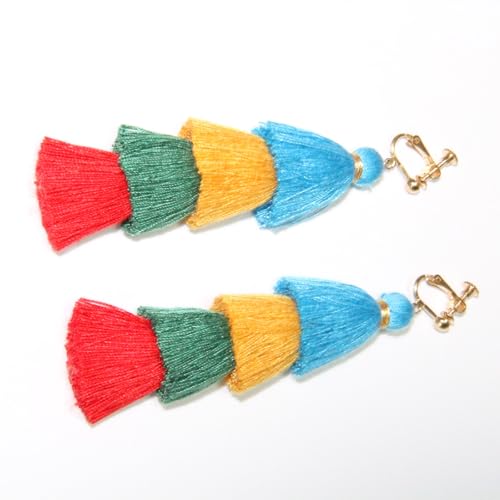 Clip on Earrings, Lightweight Colorful Layered Tassel Bohemian Statement Tiered Big Dangle Drop Earrings for Women, Non Pierced, Boho Jewelry - color: Blue