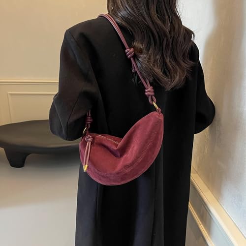 Suede Bags for Women Small Suede Purses Crescent Bag Crossbody Shoulder Bag Trendy Tote Handbags - color: B Suede Wine Red