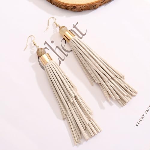 Coiris Boho Leather Layered Tassel Earrings for Women Lightweight Leather Fringe Dangle Earrings Handmade Bohemian Summer Beach Western Drop Earrings for Women - color: Beige