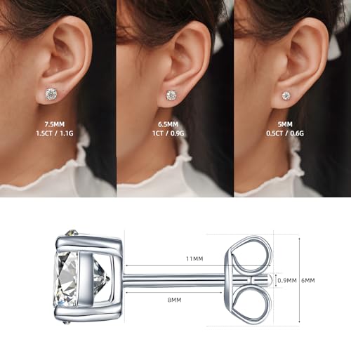 YODEWA 1/2/3ct Moissanite Stud Earrings for Women 925 Sterling Silver Hypoallergenic Butterfly Back 1 Pair DEF Color Lab Created Brilliant Round Moissanite Earrings - color: Round Solitaire, size: 1CTW(0.5CT*2-5.0mm)