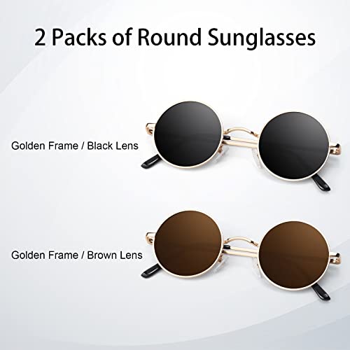 Round Polarized Sunglasses Men Women,Retro Metal Hippie Shades with 100% UV Protection - color: B5- Golden Frame Black Lens + Golden Frame Brown Lens