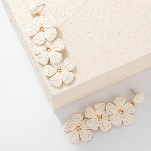 Boho Flower Earrings Statement Raffia Dangle Earrings Cute Floral Jewelry Trendy Summer Beach Vacation Outfits for Women - color: Ivory-2