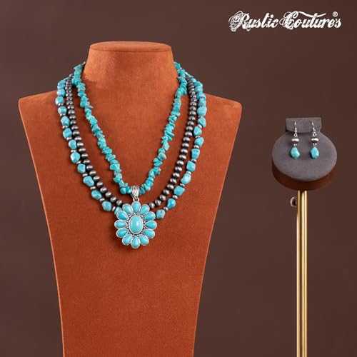 Montana West Rustic Couture's Western Jewelry Set for Women Cowgirl Vintage Western Necklace Earring - color: K-Turquoise