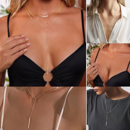 HAXIYA Lariat Gold Necklace for Women Dainty Long Necklace 14K Gold Plated/Silver Y-Shaped Pendant Drop Chain Layered Pearl/Beaded/CZ Necklaces Gold Jewelry Gift for Prom/Wedding - style: Bar Set - Gold