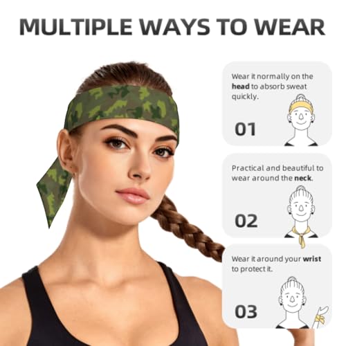 Sports Tie Headband Bandana Running Athletic Sweat Band Elastic Adjustable Sport Head Tie for Men Women Head Ties Ninja Tie Headbands Tennis Sweatbands Soccer Basketball Teams Running Head Band - color: camo green
