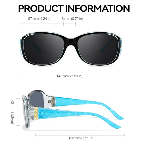 LVIOE Trendy Sunglasses for Women, Polarized Chic Wrap Around Sun Glasses UV400 Protection - color: A1 Black Blue Frame/Grey