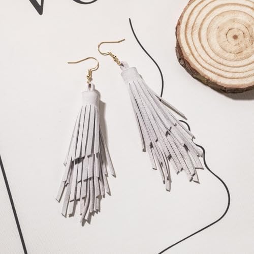 Fringe Leather Earrrings Triangle Deerskin Leather Boho Western Statement Dangel Earrings for Women - color: White Tassels