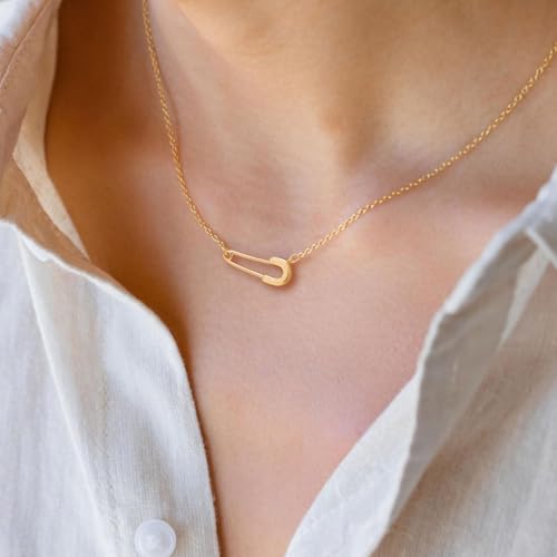 VRIUA Gold Necklace for Women - 14K Gold Plated Dainty Italian Horn Star of David Butterfly Bow Sun Lotus Volleyball Baseball Cowboy Boots Necklace Jewelry Everyday for Women - style: Safety Pin Gold