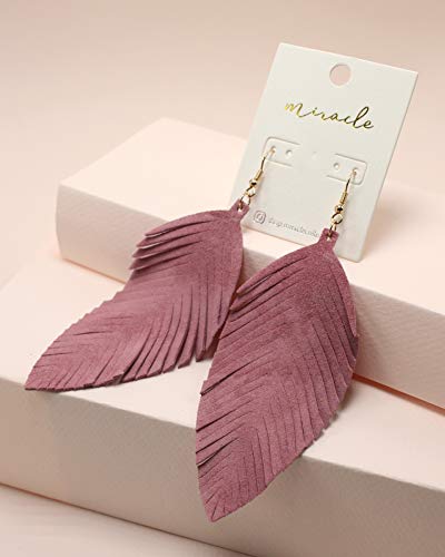 Large Genuine Soft Leather Handmade Fringe Feather Lightweight Tear Drop Dangle Color Earrings for Women Girls Fashion - color: PINK