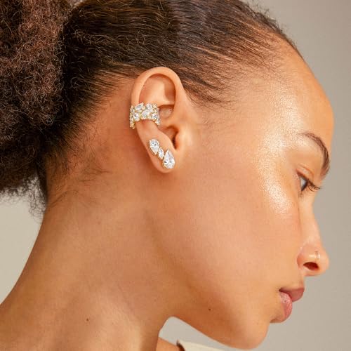 MEVECCO Ear Cuff Non Piercing for Women 18K Gold Plated Dainty Ear Cuff Earring Stacks Cartilage Clip On Wrap Huggie Minimalist Fake Piercings Open Hoops Jewelry Gifts - style: cz