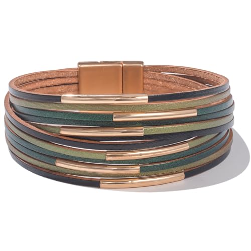 FANCY SHINY Boho Leather Bangle Bracelets Stackable Noodle Tube Bracelets Layered Wrap Cuff Bracelets with Magnetic Clasp - color: Green