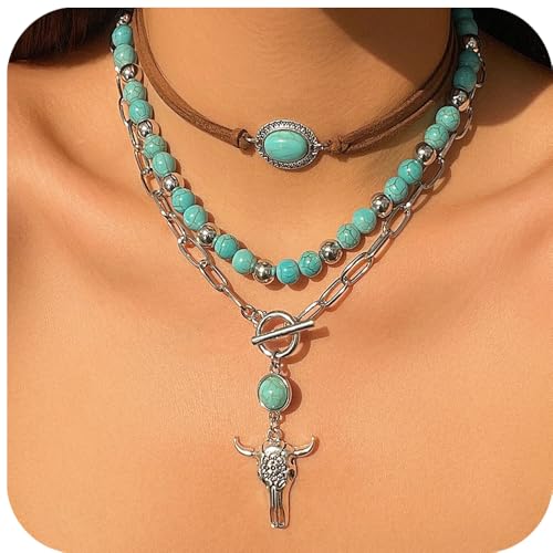 Fuqimanman2020 Boho Layered Western Necklaces for Women Cowgirl Cactus Turquoise Beaded Ox-head Hat Pendant Country Concert Jewelry - color: A