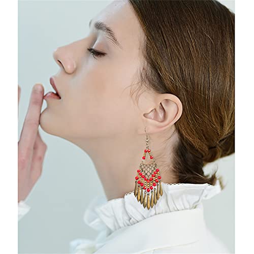 Handmade Vintage Bronze Bohemian Long Tassel Colorful Bead Dangle Drop Earrings Big Tribal Chandelier Geometry Hook Earrings for Women Statement Jewelry Gifts - color: Red