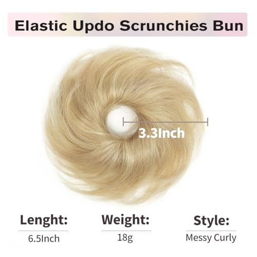 Messy Bun Hair Piece, 100% Real Human Hair Extensions, Soft Fluffy Elastic Scrunchie, 30s Easy Updo for Women & Kids, Ideal for Daily Wear, Ballet, Dance & Office Use (Multi-colored 18-613) - color: Ash Gold, size: 4 Inch