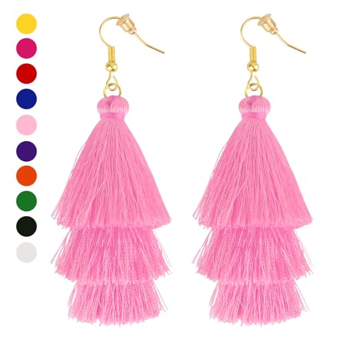 Earrings for Women Dangling, Layered Tassel Earrings Fringe Earrings Bohemian Studs Drop Earrings - color: Pink