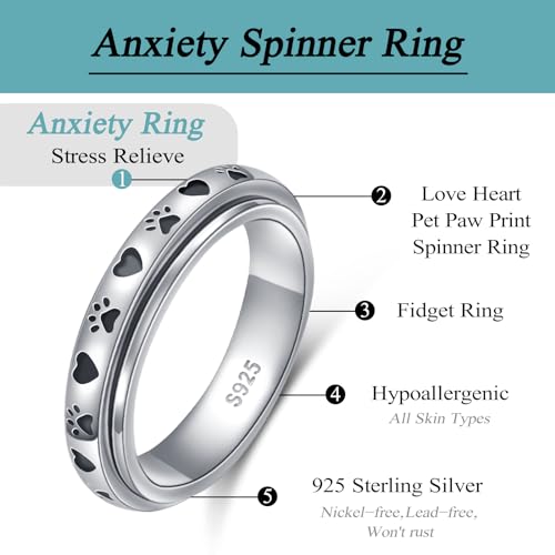 Ladytree Spinner Fidget Ring Sterling Silver Thumb Band for Women Anxiety Ring Platinum Plated Worry Stress Relief Just Breathe Boredom ADHD Autism Rings Boho Jewelry Gift - color: A-pet paw print heart