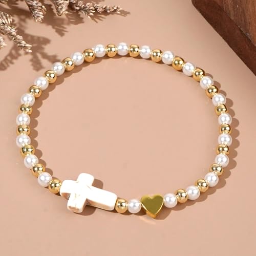 Gold Beaded Pearl Cross Stack Friendship Bracelets Set for Women, 4Pcs Boho Trendy Handmade White Beads Elastic Stretch Stackable Bracelet Prom Jewelry Gift.