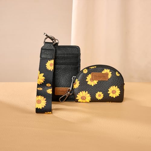 Wrangler KeyChain Wristlet Wallets for Women Sunflower Floral Dual Pouch Wristlet Western Credit Card Holder Wallet with Zipper Pocket - color: Sunflower Black