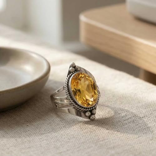 Handmade 925 Sterling Silver Plated Ring Natural Gemstone Carnelian, Rose Quartz, Tiger Eye, Crystal Oval Boho Jewelry For Women - color: Citrine Quartz
