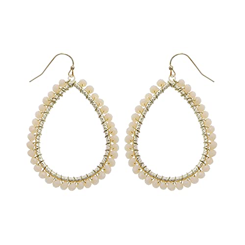 Bohemian Boho Teardrop Dangle Drop Earrings for Women – Delicate - Handcrafted Wire Wrapped Colorful Faceted Glass Beads – Gold Plated – with Gift Box Included - color: Sand Opal Beige