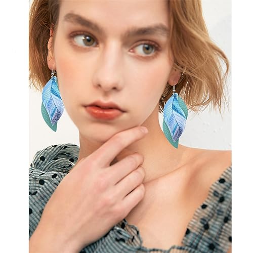 ANXIN boho unique Leather Earrings 2 Layered Lightweight Faux Leather Leaf Earrings Layered Design Drop Earrings Gift for Women - color: 1 Green Faux Leather Leaf Earrings