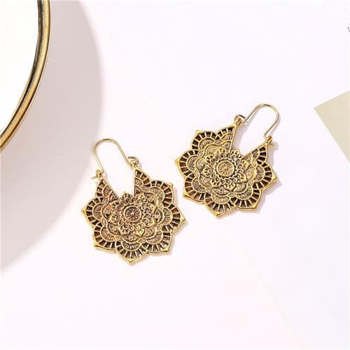 Boho Antique Carved Flower Dangle Drop Earrings for Women Vintage Retro Handmade Hollowed Antiqued Bronze Floral Shaped Geometric Gold Silver Plated Hoop Earrings for Ethnic Style Jewelry Gifts - color: Gold