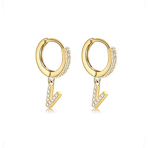 14K Gold Plated Cubic Zirconia Initial Earrings Delicate Small Hoop Earrings Hypoallergenic Letter Earrings for Women - style: V